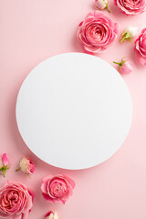 Saint Valentine's Day concept. Top view vertical photo of white circle and spring flowers pink...
