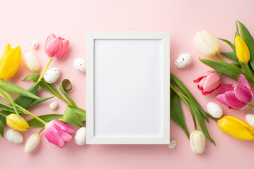 Easter concept. Top view photo of white photo frame easter eggs and colorful fresh tulips on isolated light pink background with copyspace