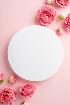 Saint Valentine's Day concept. Top view vertical photo of white circle and spring flowers pink peony roses on isolated light pink background with blank space