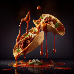 Fotobehang two tacos in the air with sauce dripping on them to make it look like they'reting © Golib Tolibov
