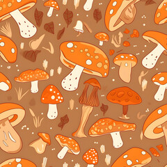 Perfectly Seamless Mushroom Pattern - Flat Design - Generative AI