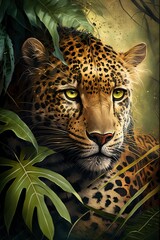 illustration, leopard, jungle background, ai generative