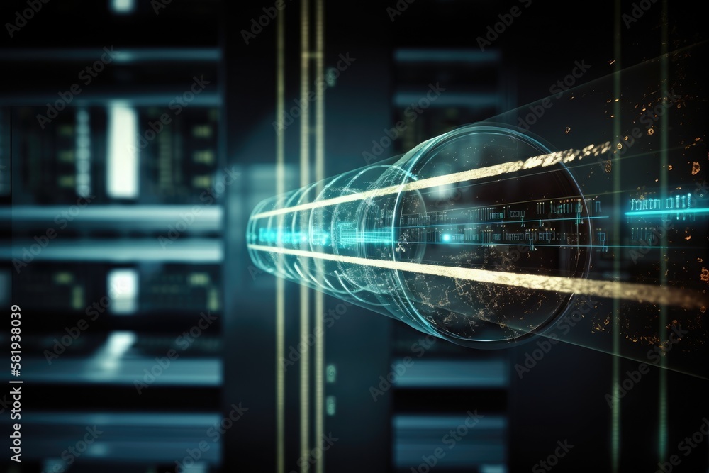 Poster scope scanning with sliding columns and icon above server room. conceptual image of global technolog