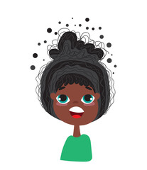 Vector Illustration Cute Smiling girl's face with dark skin. Female Smiling Children with Black hairs. Kids portraits, little lady joyful Happy Emotions.	