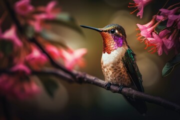 Fototapeta premium Gorgeous, colorful hummingbird with a bouquet of pink flowers. Generative AI