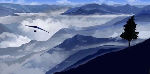 A person hang glides over a mountain landscape in a blue toned vector image.
