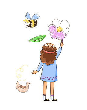 Cute child draws on wall. Little girl in dress holds chalk and draws flower, leaves and bee. Funny talented kid creates picture. Cartoon flat vector illustration isolated on white background