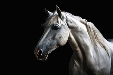 Moving photograph of a white horse on a black background. Generative AI