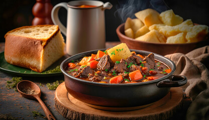 Hearty Beef Stew with Potato in a crock pot and a side of toast