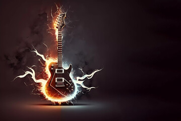  Guitar. Rock guitar. Electric guitar on fire. Bursts. Banner. Copy space. AI generated