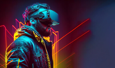 Guy up in virtual glasses. neon abstract banner. copy space. AI generated