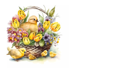 Ester. Basket with spring flowers, yellow tulips. Eggs. Easter. Yellow chickens. Copy space. AI generated