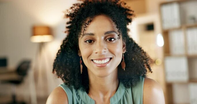 Face, business and woman with office, success and happiness in office, cheerful and growth. Portrait, female and lady with smile, goals and target with promotion, management and leadership skills