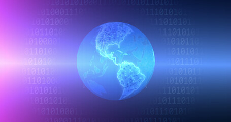 Image of binary coding and globe icon on blue background