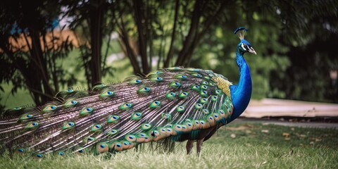 Adorable peacock frolicking outdoors