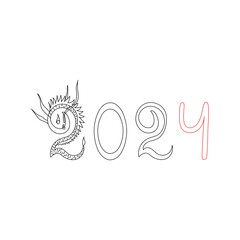 Obraz premium 2024 year concept. Numbers with a silhouette of a dragon. Handwritten. Sketch. Happy Chinese Dragon Year. Vector illustration in minimalist style.