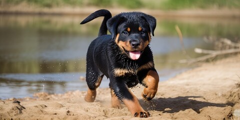 Adorable Rottweiler puppy frolicking outdoors - obrazy, fototapety, plakaty