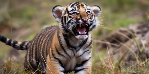 Adorable tiger cub frolicking outdoors