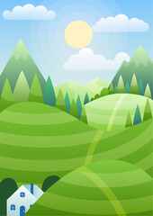 Countrisyde landscape day. Sun with clouds in sky over green hills and trees. Summer or spring season and good weather. Change of time of day. Cartoon flat vector illustration