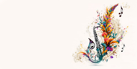 Saxophone in flowers. Splash. Watercola. Banner. Isolate. Copy space. AI generated