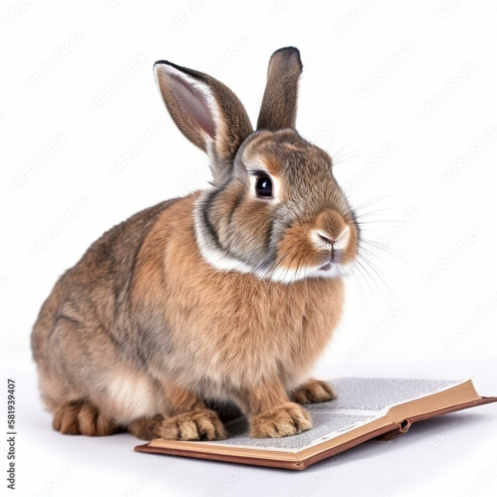 Poster an isolated rabbit with a book on its lap on white background generative ai