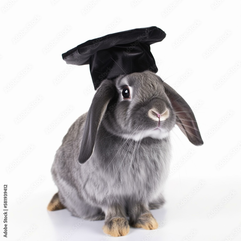 Poster an isolated rabbit with a graduation cap on white background generative ai