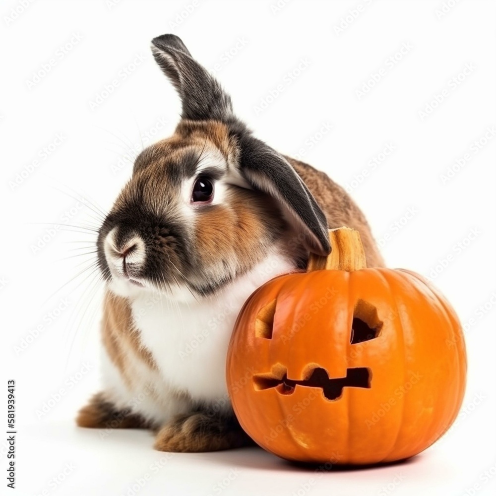Poster an isolated rabbit with a pumpkin on its head on white background generative ai