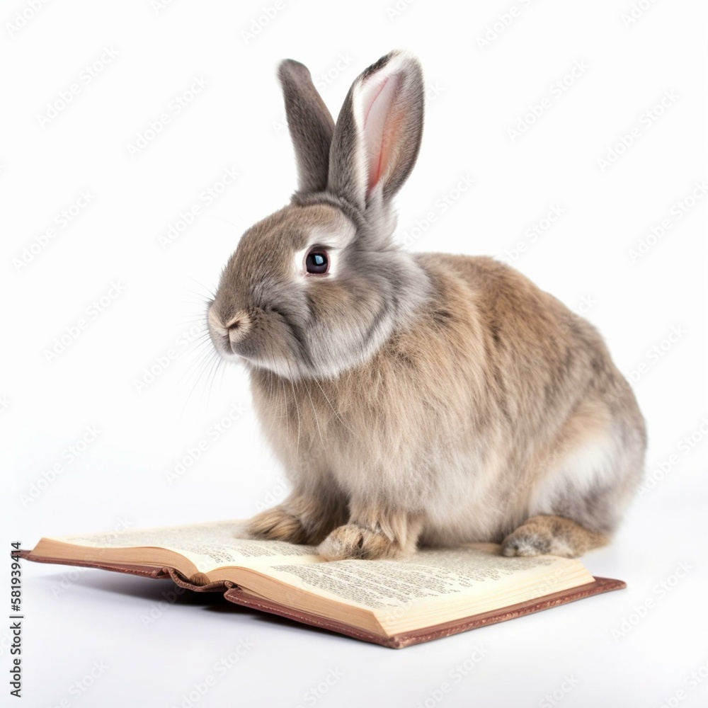 Poster An isolated rabbit with a book on its lap on white background Generative AI