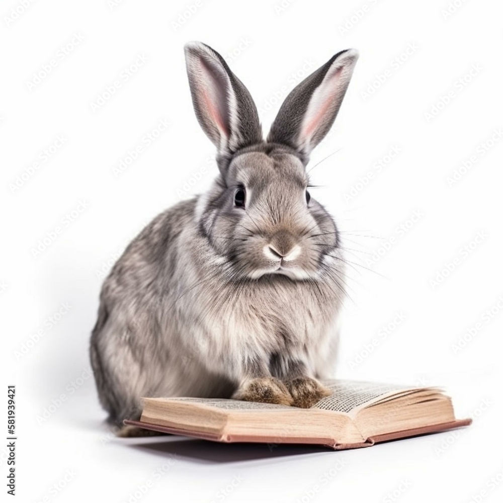 Poster an isolated rabbit with a book on its lap on white background generative ai