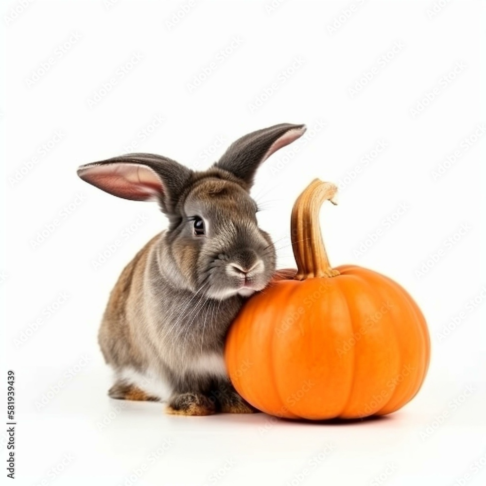 Poster an isolated rabbit with a pumpkin on its head on white background generative ai