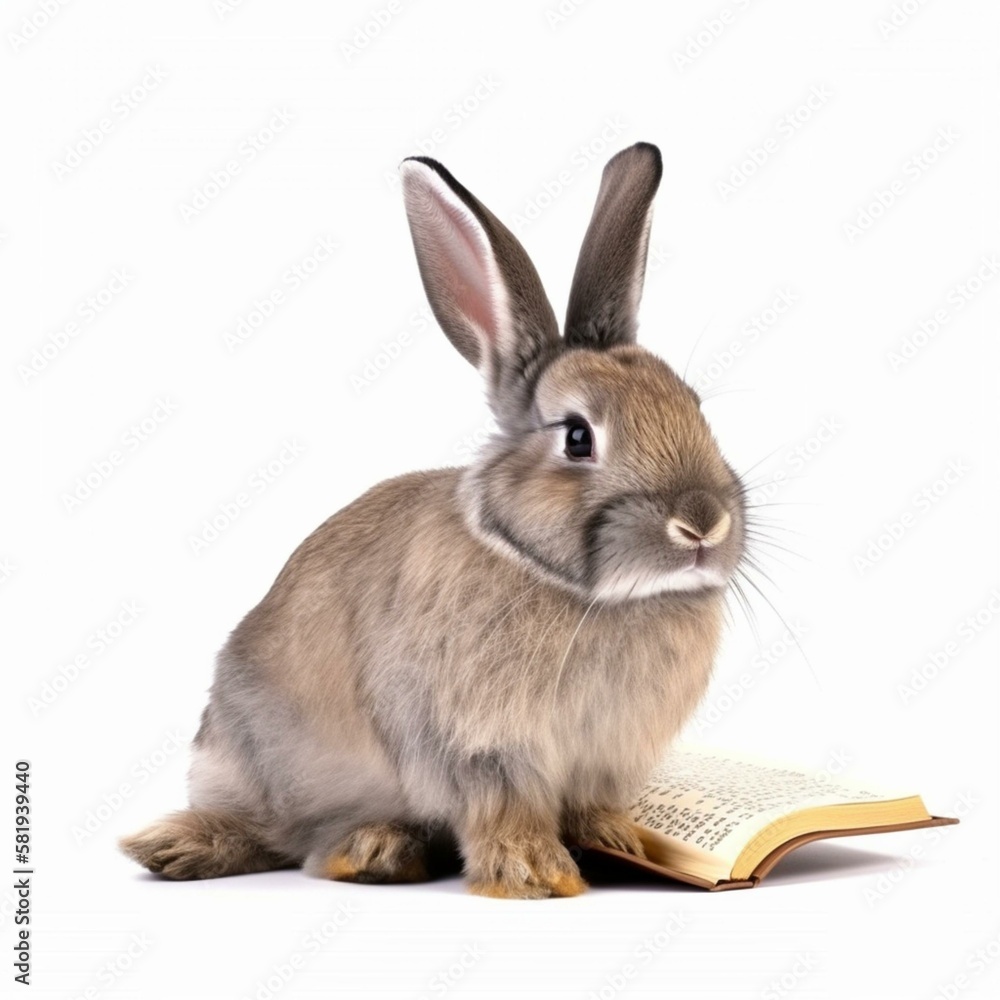 Poster an isolated rabbit with a book on its lap on white background generative ai