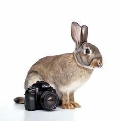 An isolated rabbit with a camera on white background Generative AI