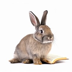 An isolated rabbit with a book on its lap on white background Generative AI