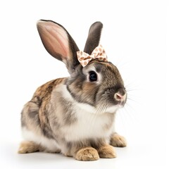 Obraz premium An isolated rabbit with a polka dot bow on white background Generative AI
