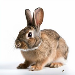 An isolated rabbit with a ladybug on its ear on white background Generative AI
