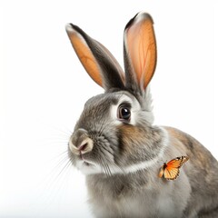 An isolated rabbit with a butterfly on its nose on white background Generative AI