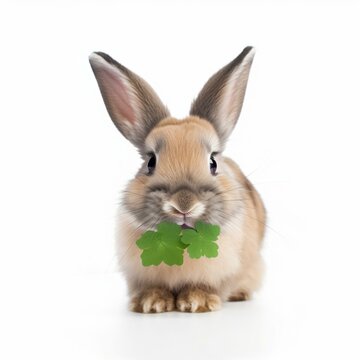 An isolated rabbit with a shamrock on its nose on white background Generative AI