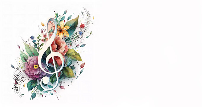 Treble clef, music notes in colors on a white background. Banner. Copy space. created by AI