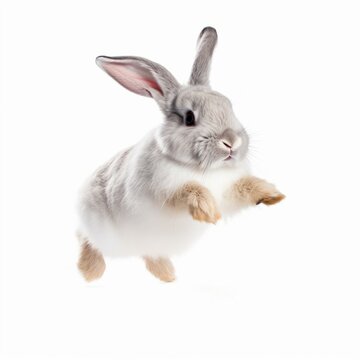 An Isolated Playful Rabbit Jumping On White Background Generative AI