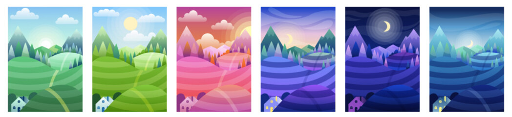 Countryside change of time of day. Collection of hill landscapes with trees. Summer or spring season. Sunset and night, daytime circle. Cartoon flat vector illustrations isolated on white background