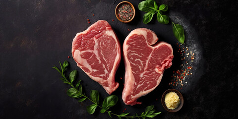 Obraz na płótnie Canvas Raw steak on a slate. Two raw steaks on a dark shale background. generative ai. Slice of meat with salt, pepper and herbs