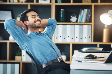 Happy business man, eyes closed and stretching to relax from easy project, dream and happiness in...