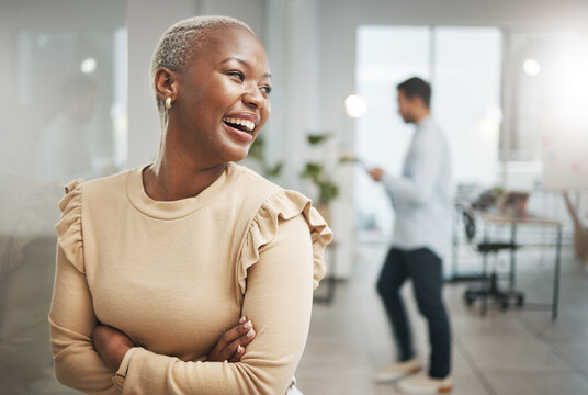 Happy Black Woman In Business Office, Workplace Or Company With Career Mindset For Human Resources. Profile Of A Proud Worker, Employee Or Staff Busy In Professional Workspace For Job Opportunity