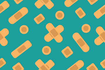 Seamless pattern with realistic medical plaster of various shapes. Repeatable background with different elastic band aids. First aid bandages. Flat vector cartoon illustration