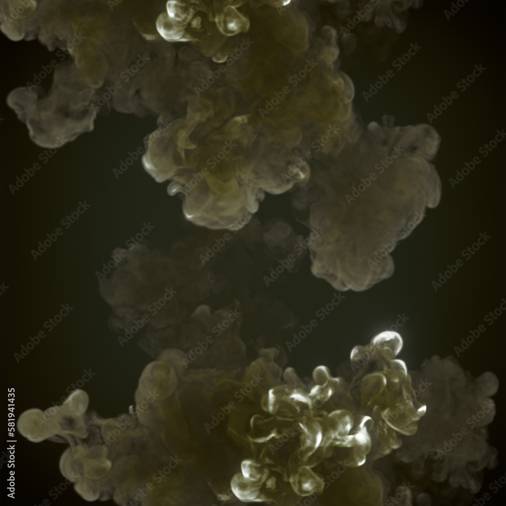 Poster close up chemical explosions with smoke trails on dark background. abstract 3d rendering digital ill