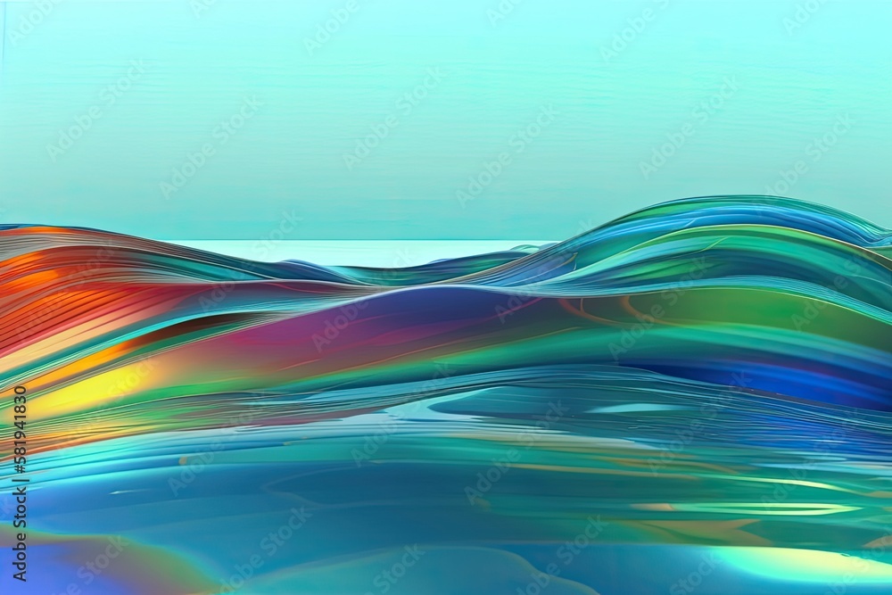 Poster panorama of nature with an abstract backdrop. glossy transparent glass flows over water. moving holo