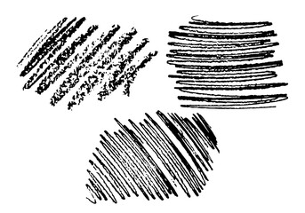 Chalk and pencil monochrome strokes isolated on white background. Charcoal or pastel streak and stain  for banner, border, text box, backdrop or other design. Vector illustration. Set.