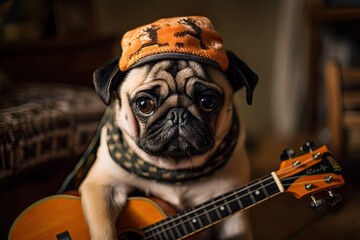 Pug dog guitarist indie musician. Funny pug dog playing ukulele while dressed as an independent musician. Generative AI