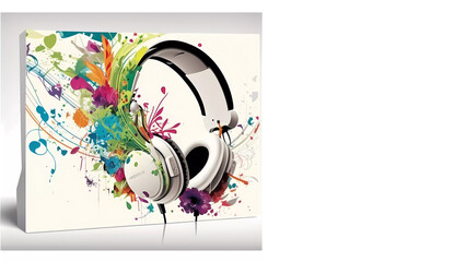 Headphones. flower composition. Colorful composition. Banner. copy space. AI generated