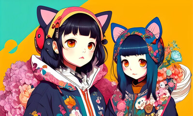 An anime manga teen girls modern fashion dressed, fantasy giapponese character illustration, generative ai.